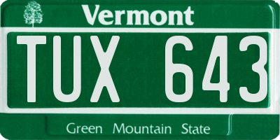 VT license plate TUX643