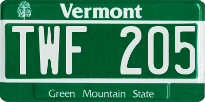 VT license plate TWF205