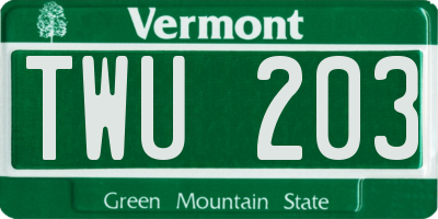 VT license plate TWU203