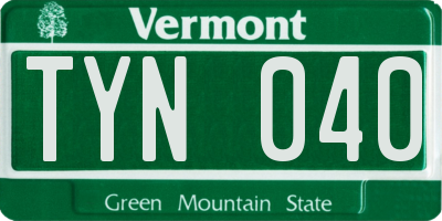 VT license plate TYN040