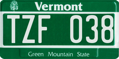 VT license plate TZF038