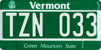 VT license plate TZN033