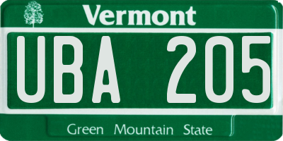 VT license plate UBA205