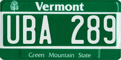 VT license plate UBA289