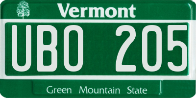 VT license plate UBO205