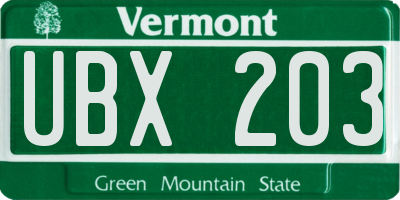 VT license plate UBX203