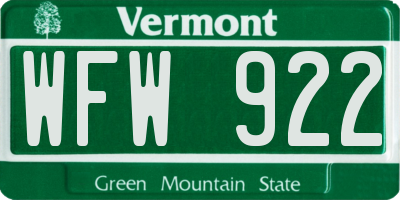 VT license plate WFW922