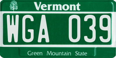 VT license plate WGA039