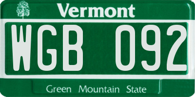 VT license plate WGB092