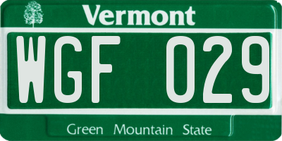 VT license plate WGF029