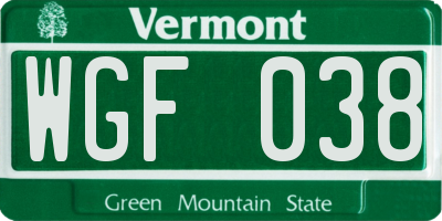 VT license plate WGF038