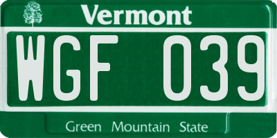 VT license plate WGF039