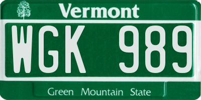 VT license plate WGK989