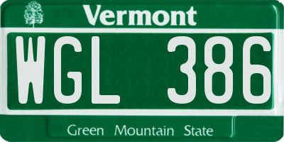 VT license plate WGL386