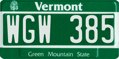 VT license plate WGW385