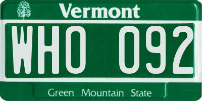 VT license plate WHO092