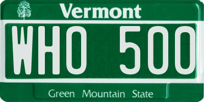 VT license plate WHO500