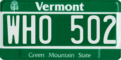 VT license plate WHO502