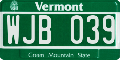 VT license plate WJB039