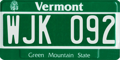 VT license plate WJK092
