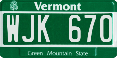 VT license plate WJK670