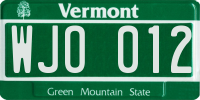 VT license plate WJO012