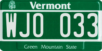 VT license plate WJO033
