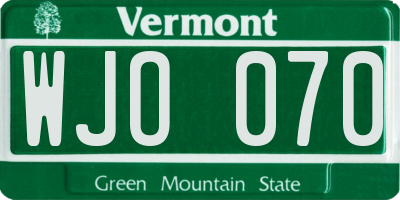 VT license plate WJO070
