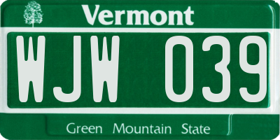 VT license plate WJW039