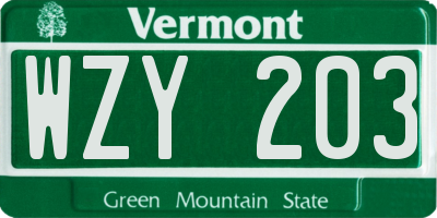 VT license plate WZY203