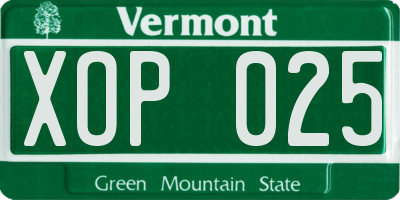 VT license plate XOP025