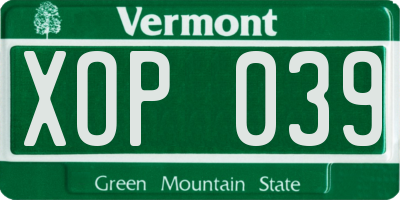VT license plate XOP039