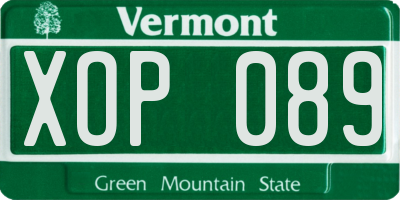 VT license plate XOP089