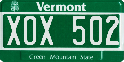 VT license plate XOX502
