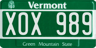 VT license plate XOX989