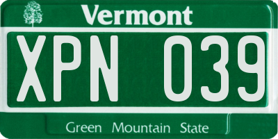 VT license plate XPN039