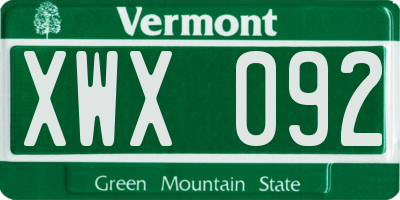 VT license plate XWX092