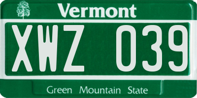 VT license plate XWZ039