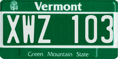 VT license plate XWZ103
