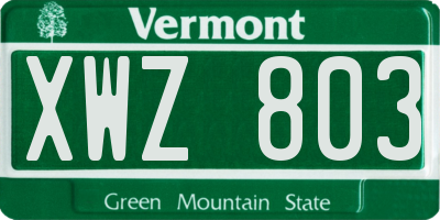 VT license plate XWZ803