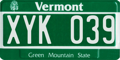 VT license plate XYK039