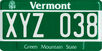 VT license plate XYZ038