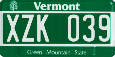 VT license plate XZK039