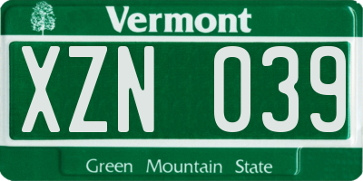 VT license plate XZN039