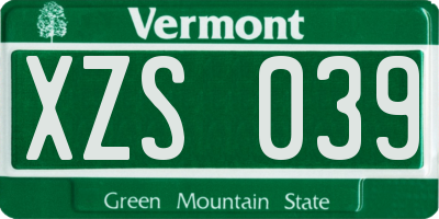VT license plate XZS039