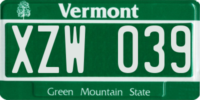 VT license plate XZW039