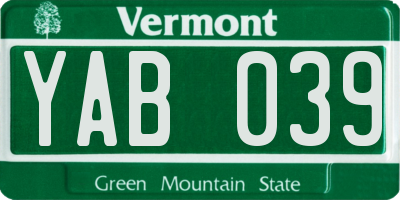 VT license plate YAB039