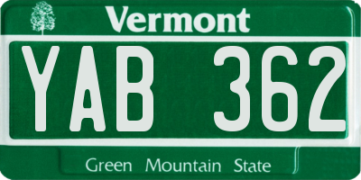 VT license plate YAB362