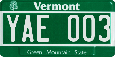 VT license plate YAE003