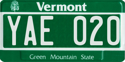 VT license plate YAE020